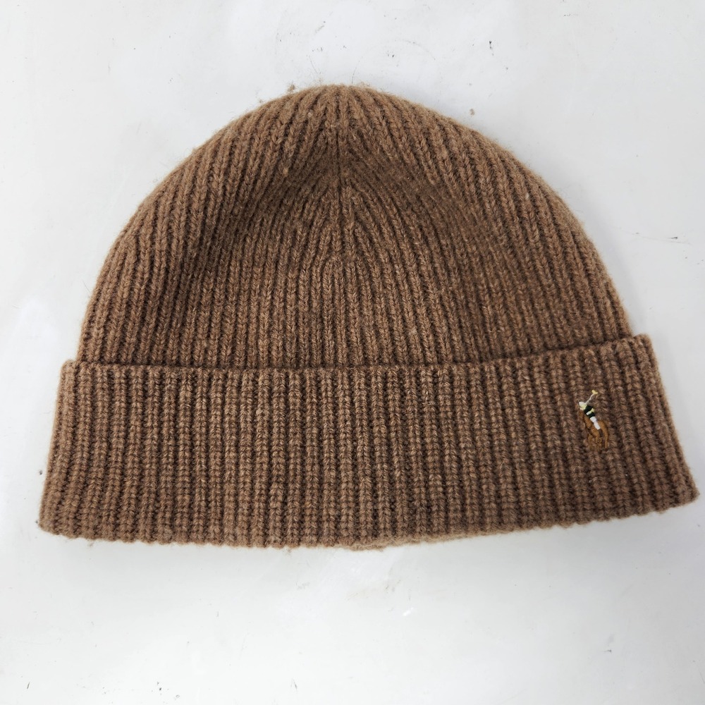 Polo Ralph Lauren Brown Ribbed Knit Cuffed Beanie Hat Embroidered Pony Logo